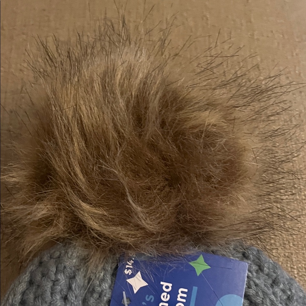 Gray Cable Knit Hat with Brown Pom - Picture 4 of 4